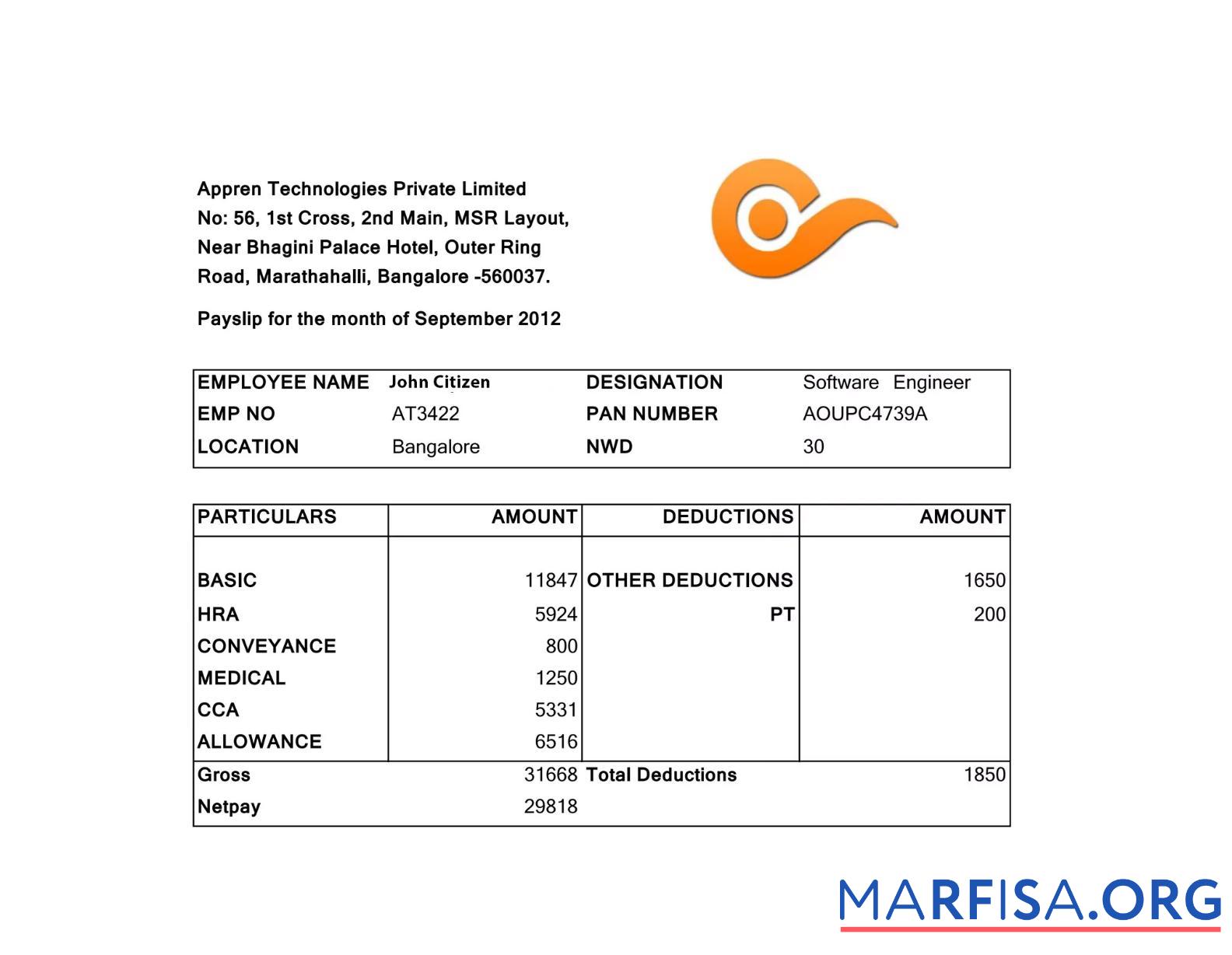 Blank India Appren Technologies Private Limited payslip template